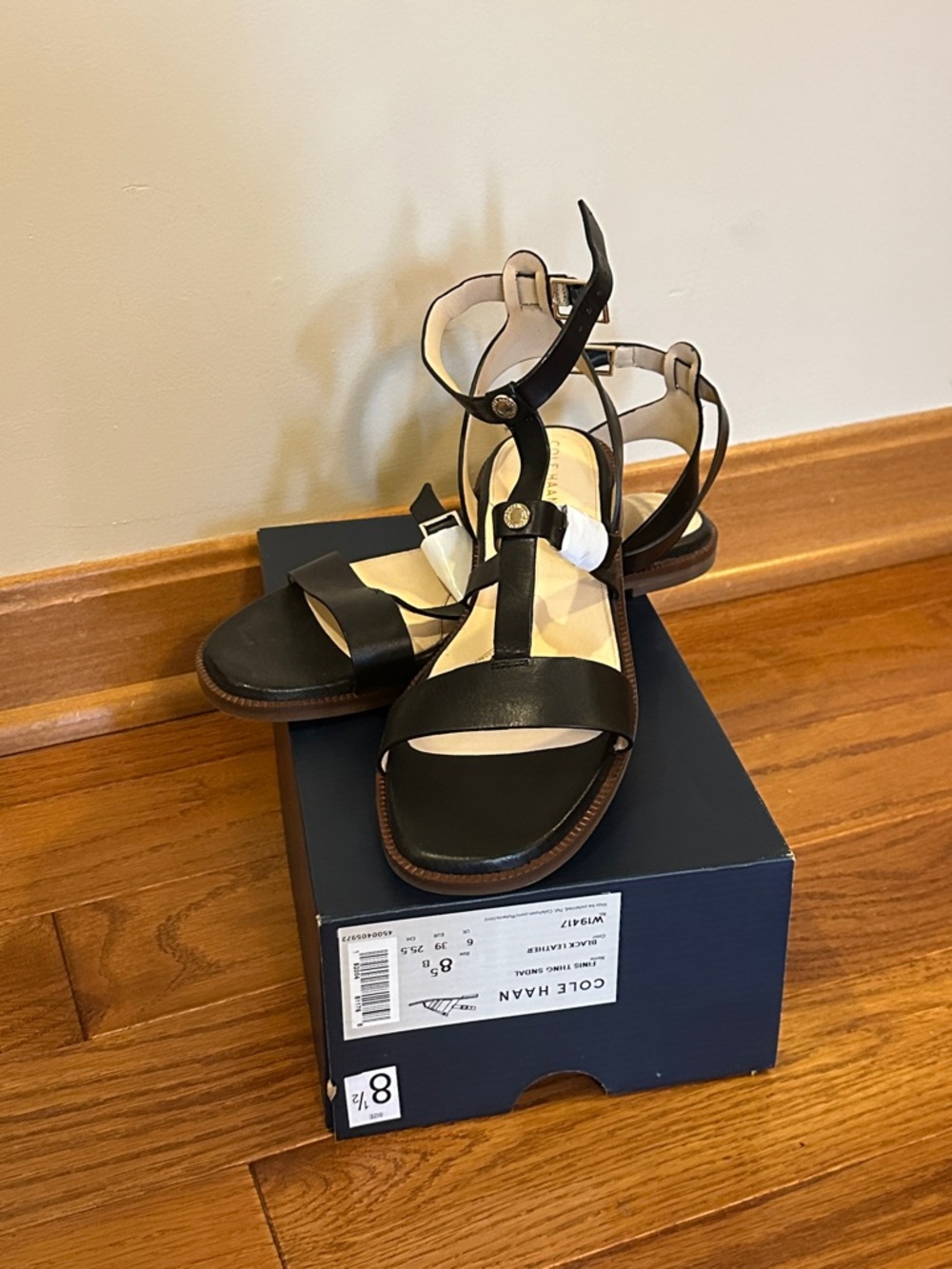 Cole Haan Finis Black Leather T-Strap Ankle Sandals